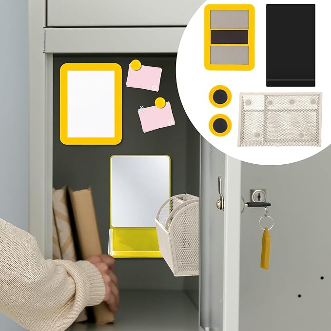Fuyoooo Magnetic Locker Accessories Back to School Essentials Include Magnetic Mirror with Holder Magnet Mesh Pen Holder Small Whiteboard and Magnet for Office School Locker Organizer(Classic,Yellow)