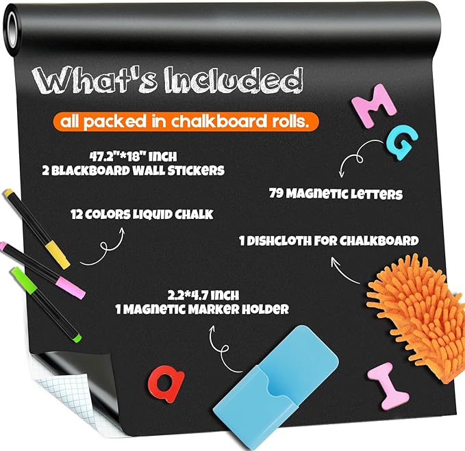 Magnetic Chalkboard Contact Paper for Wall, 47.2" x 18" 2 Pcs Self-Adhesive Blackboard Wallpaper Peel and Stick Wall with 93 Pcs Kit for Kids, Magnet Wall Sheet with Kit for Home Playroom