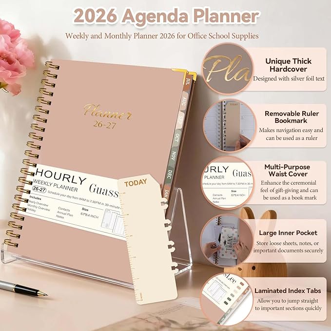 2026-2027 Academic Planner, Weekly & Monthly Appointment Book from Jul. 2026 - Jun. 2027, Work & Life Daily Hourly Planner with Time Slots, A5 Agenda Organizer for Home School Office, Pink, 8.4"x 6.1"