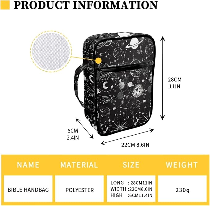 Coldinair Outer Space Print Bible Covers Bag for Kids,Carrying Book Case Church Bag Bible Holder with Handle and Zippered Pocket