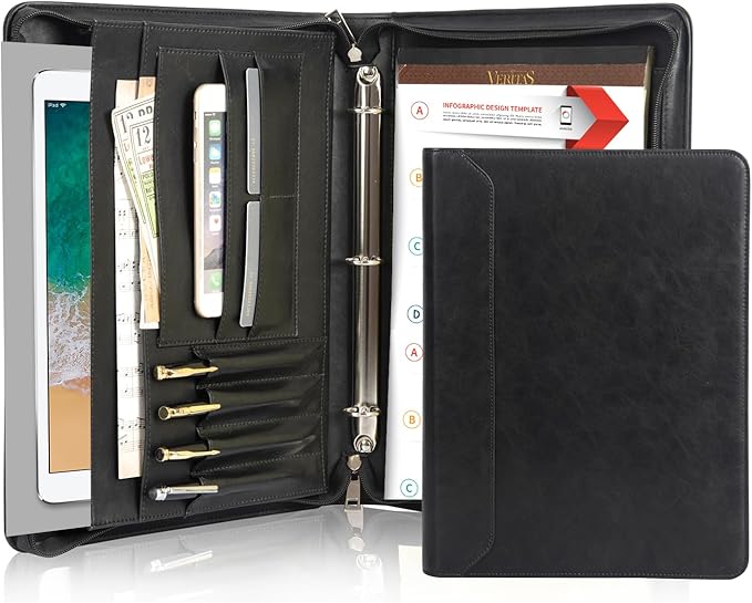 AZXCG Padfolio for Men, 3 Ring Binder Portfolio Folder, Vegan Leather, Personalized with A4 Notepad Holder, Business Document Organizer, Black