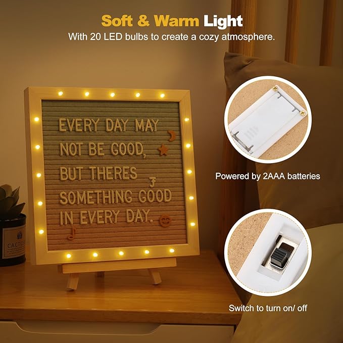 Lewondr Felt Letter Board, 10"×10" Wooden Letter Board Sign, Changeable Message Board with 20 LED Lights & 340 Letters, Pregnancy Baby Announcement Sign, First School Day Board, Colorful