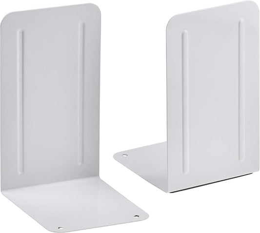 Acrimet Bookends for Shelves, Non-Skid Book Holder, Heavy Duty Book Stopper, Steel Metal Book Ends Storage for Home, Library, 6 7/8" H x 4" W x 4 1/2" D (White) (1 Pair / 2 Pieces)