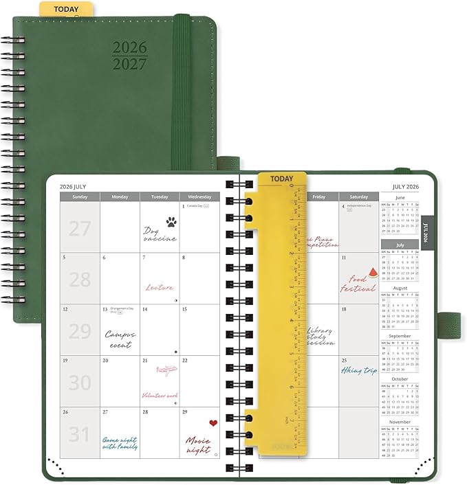 POPRUN 2026-2027 Monthly Planner, Small 4" x 6.25", 18 Month Calendar Agenda (July 2026 - December 2027) with Expense Tracker, Notes Pages, Sprial Bound, Leather Softcover - Green