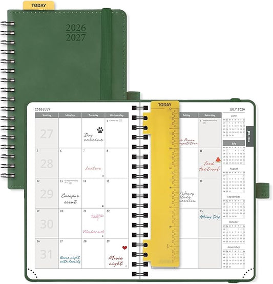 POPRUN 2026-2027 Monthly Planner, Small 4" x 6.25", 18 Month Calendar Agenda (July 2026 - December 2027) with Expense Tracker, Notes Pages, Sprial Bound, Leather Softcover - Green