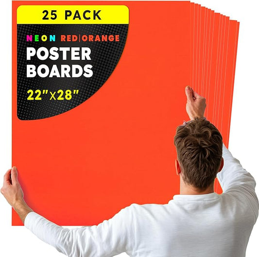 Hygloss Medium Poster Board 22x28 - 25 Neon Red-Orange Single Color Bulk Pack - 10 Pt. Thickness Colored Poster Board Paper for Projects, Signs, Displays - Posterboard Multipack 22" x 28"