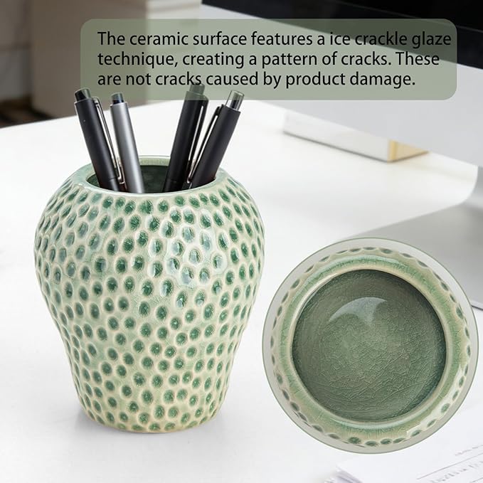 Ceramic Paper Clip Holder, Strawberry Pen Holder Set, Cute Pen Holder for Desk Storage Set of 2, Office, School, Home Decor(Green)