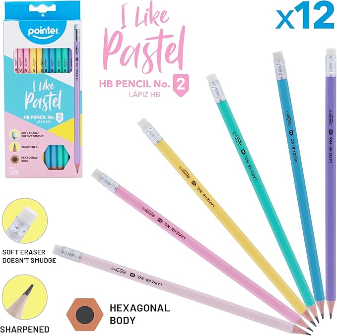 Pointer Pastel HB Pencils with Soft Eraser, Hexagonal Body, Pre-Sharpened, Assorted Colors, 12 Count