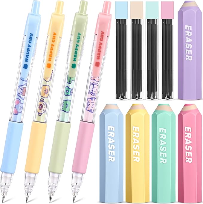13 Pcs Black Cat Mechanical Pencil Set, 4 Mechanical Pencils 0.5mm, with 4 2B Lead Refills and 3/5 Erasers Christmas Stocking Stuffers for Women Cats Lovers Gifts (Colored)