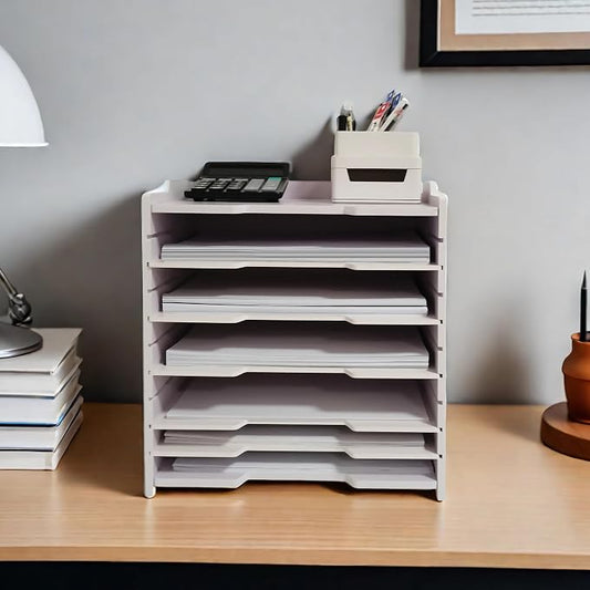 A4 Wooden Desk Letter Tray, Paper Organizer Storage with Adjustable Shelves, Stackable File Sorter for Notes, Pens, File Paper and Desk(A4&Landscape-6tray(with 5 Adjustable Shelves))