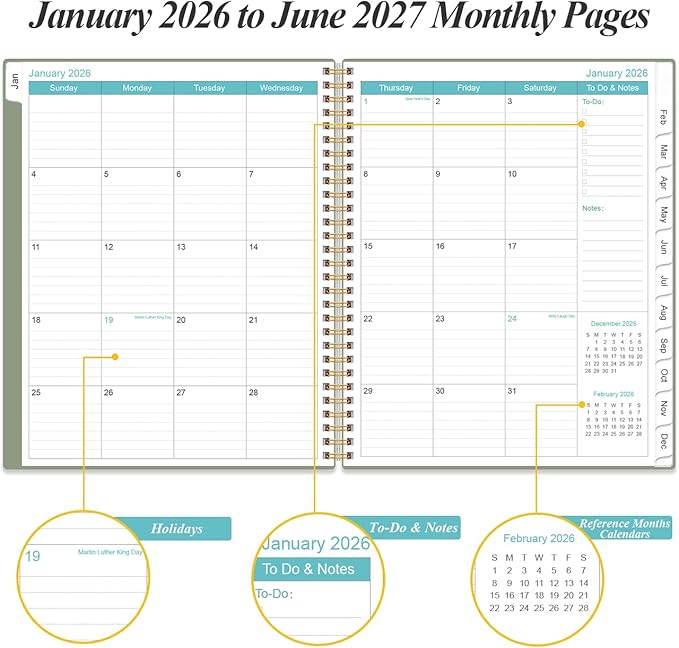 2026-2027 Monthly Planner - 18 Monthly Calendar, January 2026 - June 2027, Two Pages Per Month, 9" x11" Planner with Tabs, Strong Twin-Wire Binding, Inner Pocket, Green