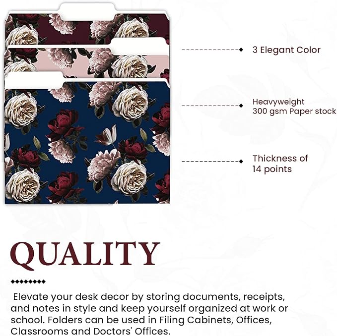 9 Decorative File Folders for Women – Navy Moody Flowers Cute Design - Colored File Folder Letter Size 1/3 Cut Tabs - Office Supplies Organizers - 9.75" x 11.5"