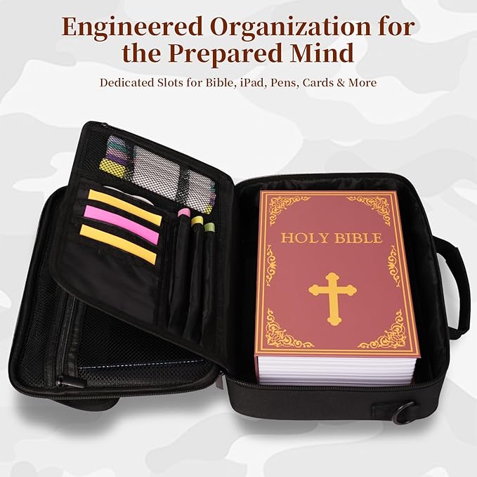 Tactical Bible Cover for Men, Bible Carrying Case with Multiple Pockets & Top Handle & Shoulder Strap & MOLLE System, Bible Bag for Church, Study, Travel, Bible Protector and Christian Gift (Black)