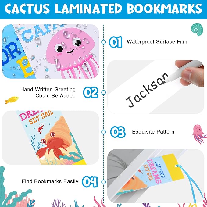 Jetec 80 Pcs Under The Sea Bookmark Inspirational Ocean Animals Fish Turtle Bookmark with Ribbon Motivational Sea Life Page Clips for Summer Classroom Back to School Gifts