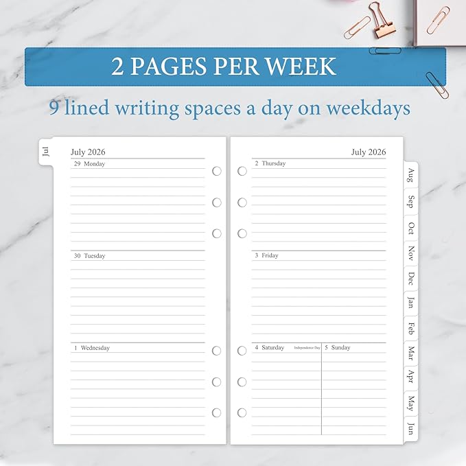 2026-2027 Weekly & Monthly Planner Refill, A6 Small Size Planner Inserts with Monthly Tabs, Size 3, 3.8"x6.8", July 2026 - June 2027, 6-Hole Punched