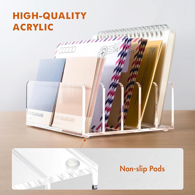 BEYGORM Acrylic Mail Holder, Clear Multifunction Desk Organizer with Divider, Vertical Letter Sorter for Desktop, 5 Compartments Modern Office Home Envelope Organizer for Bill, Document, Folder