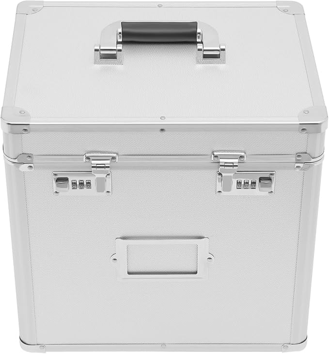 File Organizer Box, L13.8*D10*H13.4in Locking Document Storage Cabinet File Folder with Combination Locks & Handle, Portable Metal Filing Storage Box for Office Travel, Silver