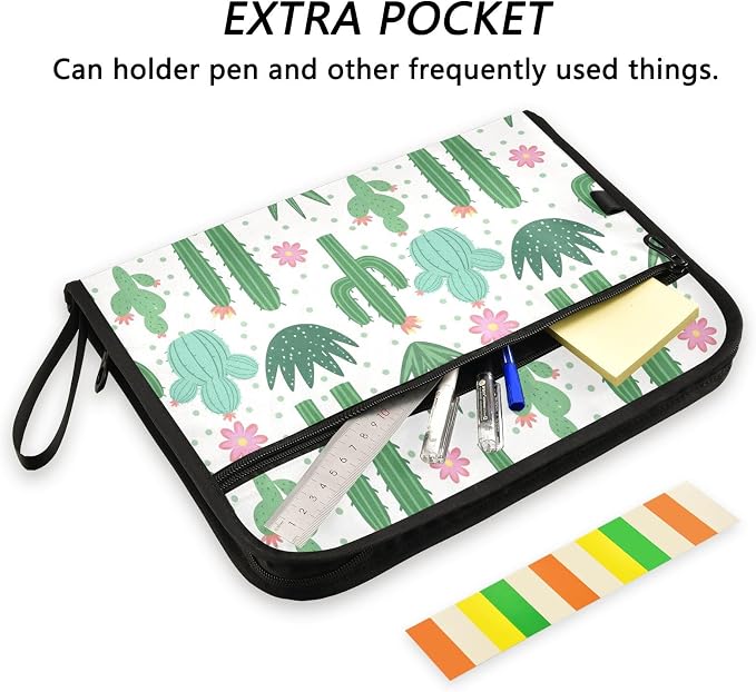 Expanding File Folder Cactus Pattern Accordion File Organizer 13 Pockets Document Organizer with Zipper Labels A4 Letter Office Storage