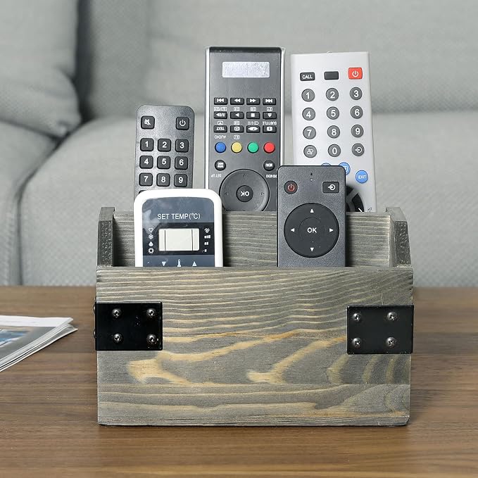 MyGift Vintage Gray Wood TV Remote Control Organizer Holder Storage Caddy for Table with 2 Compartments and Decorative Black Metal Wrap Accents