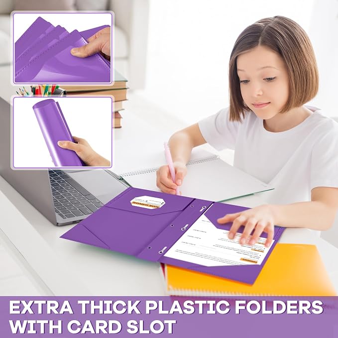Henoyso 72 Pcs Plastic Folder with Clear Front Pocket and 3 Prong Plastic Folders with Card Slot Pocket Folders with Prongs for School Office (Purple)