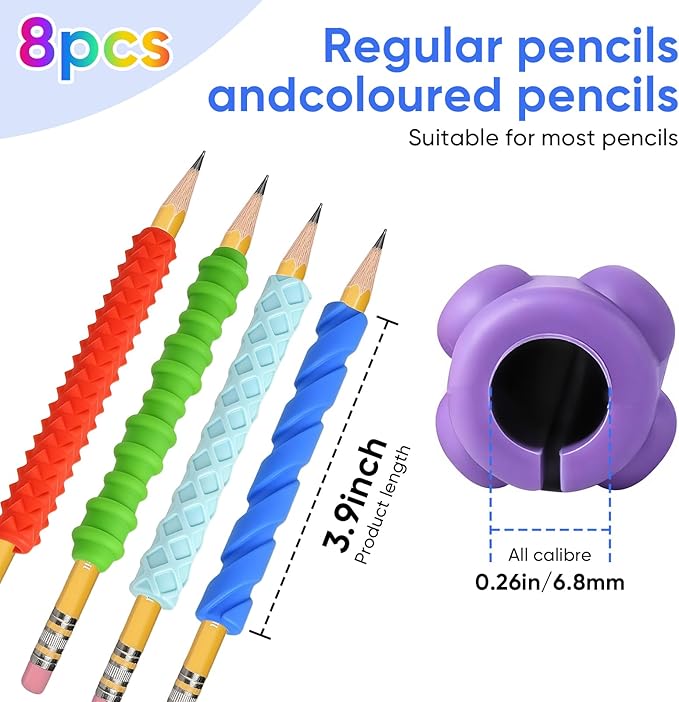 8-Pack Textured Silicone Pencil Grips–Sensory Fidget Sleeves for Kids& Adults,ADHD &Autism Anxiety Relief,Quiet Classroom&Travel Fidget Tool for Focus, Fidget Gifts Christmas Stocking Stuffers