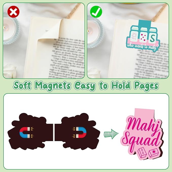 20Pcs Funny Mahjong Magnetic Bookmarks for Reading, Cute Reader Gift Book Marker for Mahjong Lover Funny Aesthetic Bookmark Page Marker Clip Gift for Graduation Back to School Book Lover Birthday
