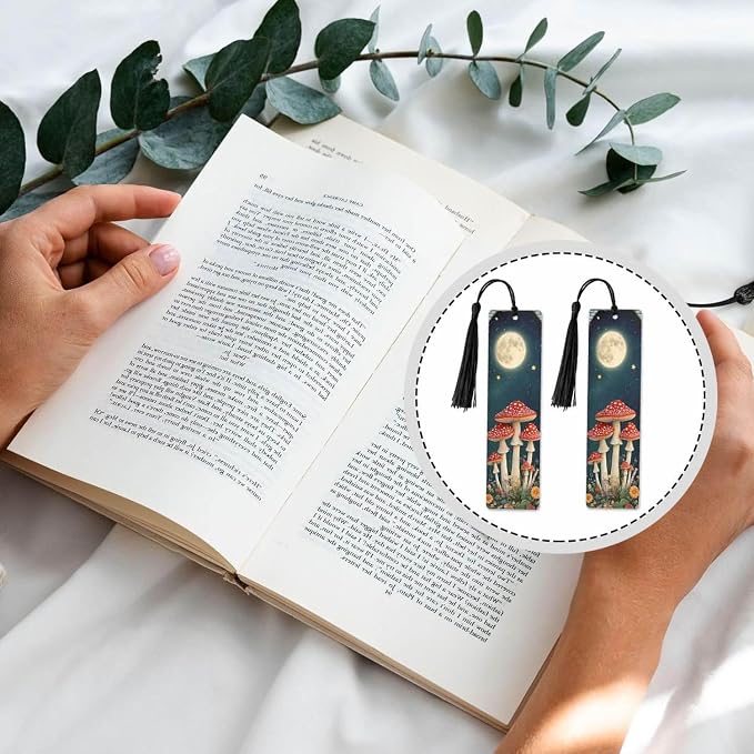 Mushroom Bookmarks 5 Pcs Moon Night Star Flower Wooden Bookmark with Tassels for Reading Book Lovers Gift Office School Readers Teacher