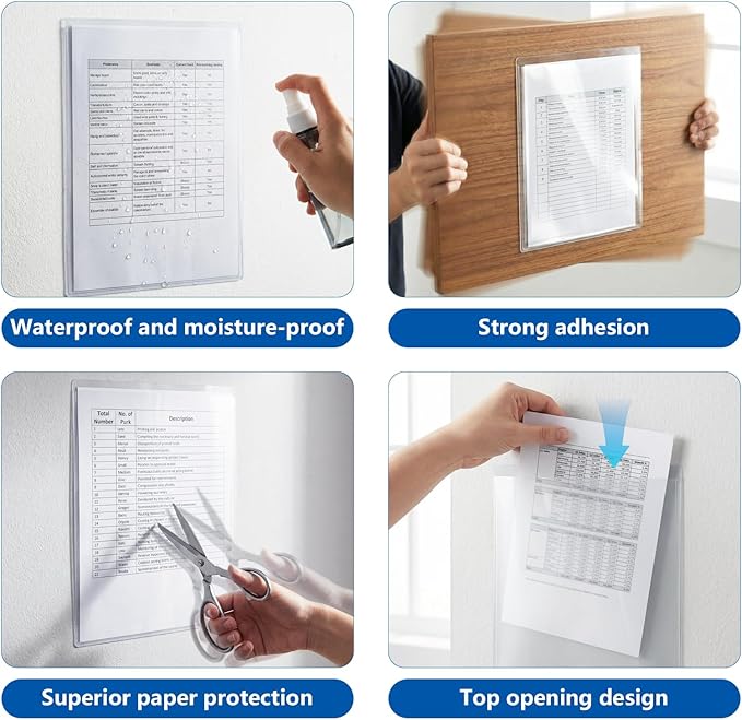 TOTiyea 50-Pack Clear Adhesive Pockets, Letter Size 8.5” x 11” Self-Stick Sheet Protectors for Classroom & Office, Waterproof, Wipe-Clean, Crystal Clear Document Holders (50)