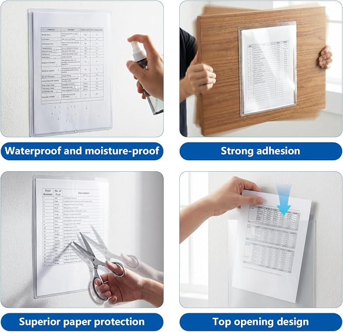 TOTiyea 10-Pack Clear Adhesive Pockets, Letter Size 8.5” x 11” Self-Stick Sheet Protectors for Classroom & Office, Waterproof, Wipe-Clean, Crystal Clear Document Holders (10)