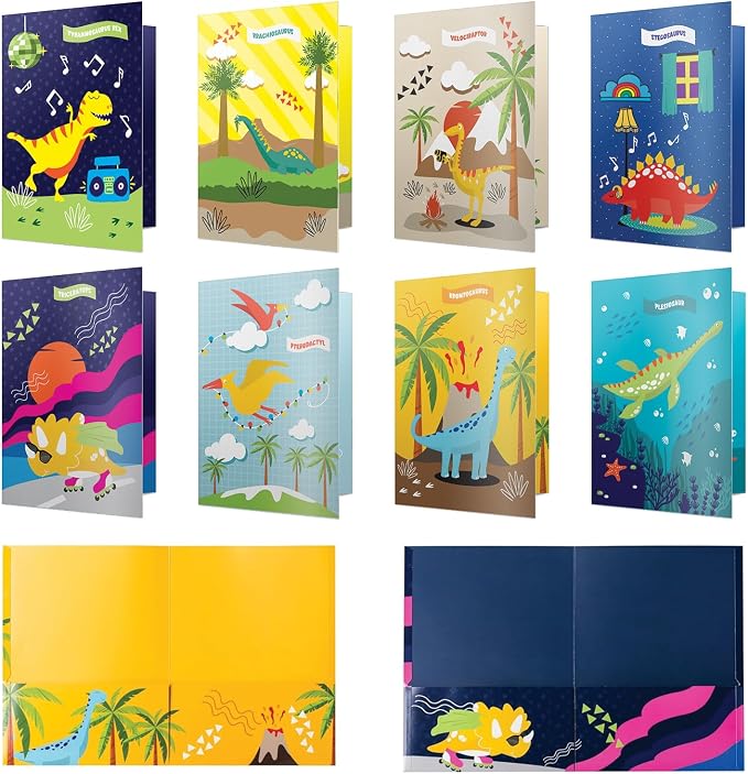8 School Folders - Cute Pocket Folders with 8 Unique Dinosaur Designs in Front, Back Cover and Inside - Kids Pocket Folders - Homework Folders - Dinosaur Folders - 12 x 9.25 Inches (Pack of 8)