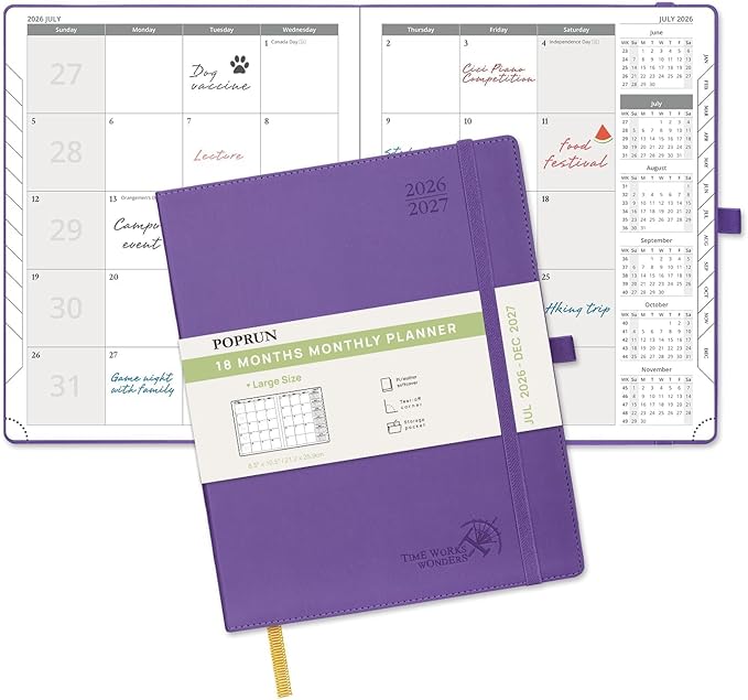 POPRUN Monthly Planner 2026-2027 (Large- 8.5" x 10.5" Soft Cover), 18-Month Calendar Book (Jul.2026-Dec.2027), Calendar Planner with Monthly Tabs & Pocket, 100 GSM Paper - Purple
