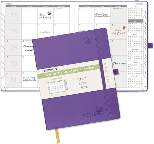 POPRUN Monthly Planner 2026-2027 (Large- 8.5" x 10.5" Soft Cover), 18-Month Calendar Book (Jul.2026-Dec.2027), Calendar Planner with Monthly Tabs & Pocket, 100 GSM Paper - Purple