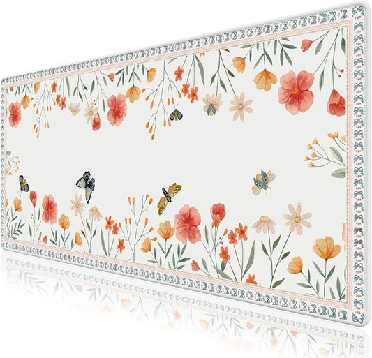 Desk Pad for Keyboard and Mouse, Large Mouse Pad for Desk, Non-Slip Keyboard Mat, Computer Mats for Desk, Cute Desk Pad with Stitched Edges for Office, Gaming I Apricot Butterflies Flowers