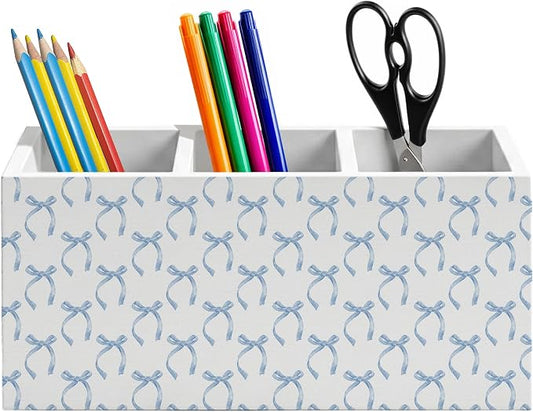 Blue Coquette Bow Pen Holder for Home Office Desk, Girly Office Decor, Preppy Blue Ribbon Bow Aesthetic Wooden Box Sign Pencil Holder for Desk Shelf Organizer
