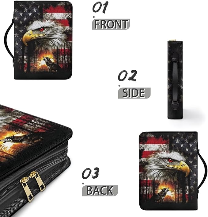 Leather Bible Covers for Men Women,Small PU Bible Bag with Bookmark Bible Case Carrying Bag Fits Book Accessory,Bald Eagle Wolf and American Flag Prints