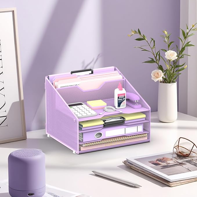 Desk File Organizer, Paper Organizer with 4 Letter Trays and 2 Vertical Upright Sections, Desk Organizers and Accessories for Office, School, Home (Purple)