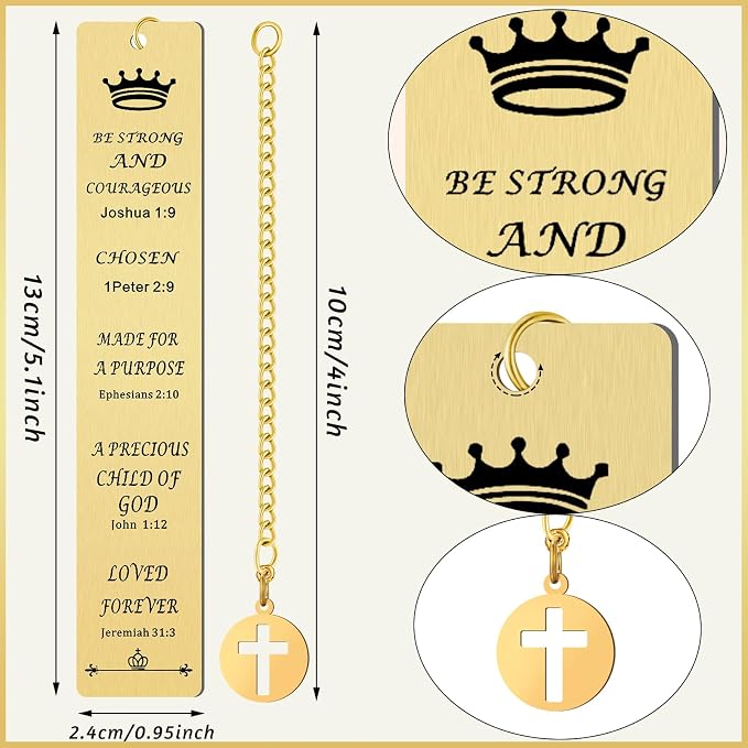 Fainne 5 Pcs Bible Verse Metal Bookmark Christian Gifts for Women Men Baptism Inspirational Religious Bookmarks with Church Cross Chain Scripture for First Communion Book Lovers Christian Gift(Gold)