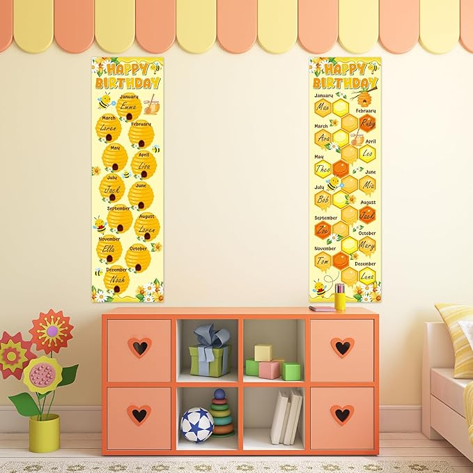 Bee Happy Birthday Poster Chart Calendars Bulletin Board Decorations Honey Bumble Birthday Classroom Wall Door Decor for Hive Birthday Bulletin Boards Nursery Home Kindergarten Back to School Supplies