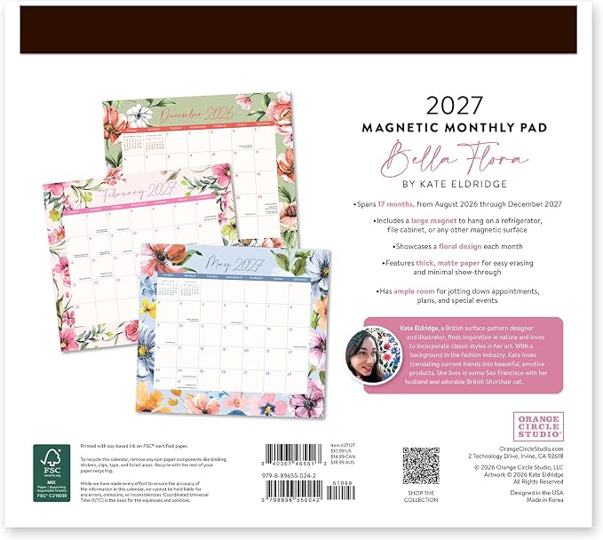 Orange Circle Studio 2027 Bella Flora Magnetic Monthly Calendar Pad, 17-Month Floral Calendar for Office Desk & Refrigerator, Wall Planner, 9.6" x 8.5", Tear-Off Pages, Thick Matte Paper Family Organizer