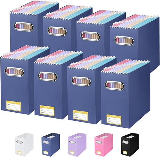 BALEINE File Organizer Box, Cardboard File Folder Organizer with Handle for Letter Size, Portable Collapsible Hanging Filing Box for Home Office Document Storage (8 Pack, Navy)