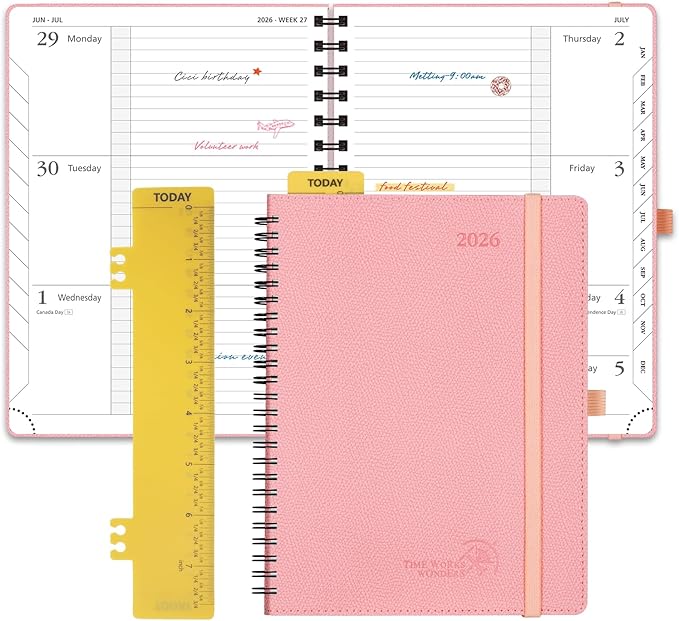 POPRUN 2026 Planner (Jan.-Dec.), Medium-6.75" x 8.75", Horizontal Weekly Notebook, 12-Month Calendar Book with Monthly Tabs, Spiral Soft Cover, Inner Pocket, 100 GSM - Soft Pink