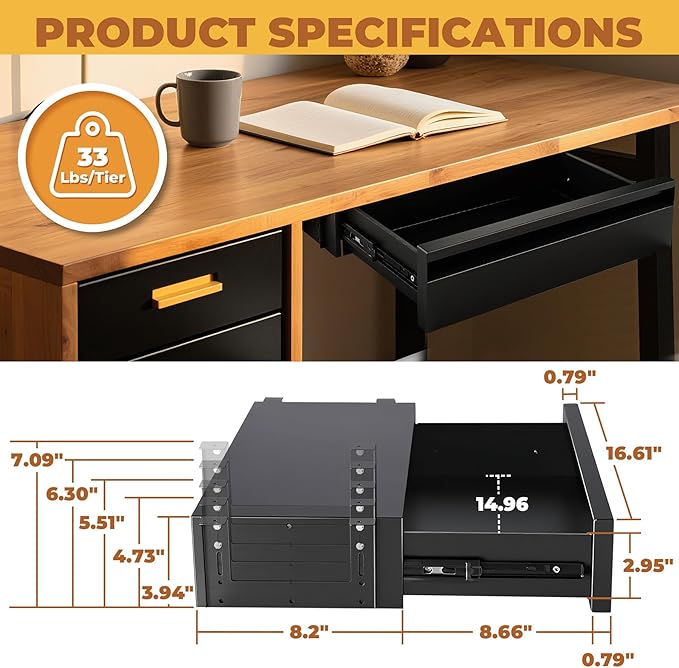 POPMOON 16.6 In Under Desk Drawer For Desk,Adjustable Height, Pull out Storage Organizer with Slide Extension Mounted Under Flat Wooden Table or Workbench, Carbon Steel Hidden Desk Drawer
