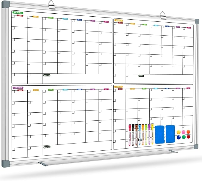 Magnetic Calendar Whiteboard for Wall, 4 Month White Board Calendar Dry Erase Board 48" x 36", Wall Mounted Board Planner for Office, School, Home, Store