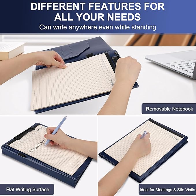Clipboard Padfolio with Storage Pocket,Clipboard Folder Portfolio Organizer,360 Degree Foldable Clipboards with Refillable Notepad,Faux Leather Padfolio Organizer for Office School Supplies-Blue