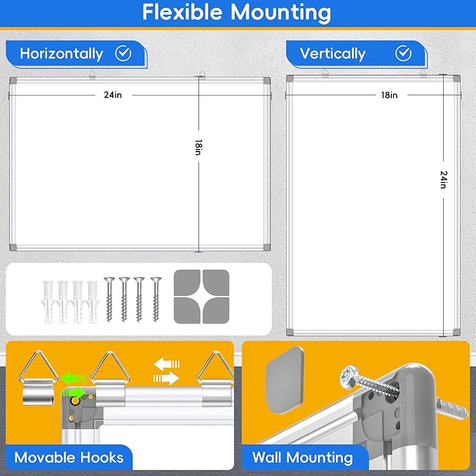 Magnetic Dry Erase Whiteboard, 24x18 Inch, Wall Mounted White Board with Aluminum Frame, Ideal for Office, Home, Kitchen
