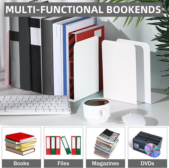 Beeveer 6 Pairs Metal Bookends Book Stopper for Shelves Office Book Holder Library Bookend for Heavy Books Desk Home Bookshelf School (White)