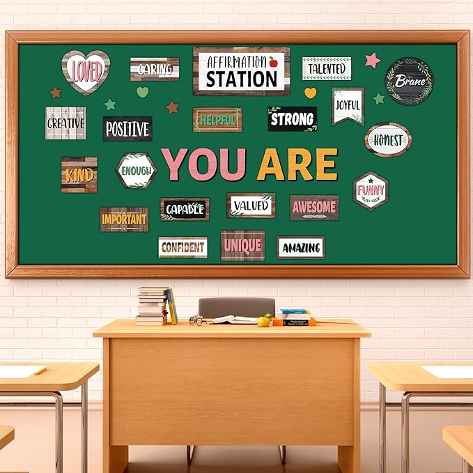 Classroom Affirmation Station Bulletin Board Set Motivational Bulletin Board for Classroom Door Decorations Wood Grain Mental Health Posters You are Positive Cutouts for Teachers School Wall Supplies