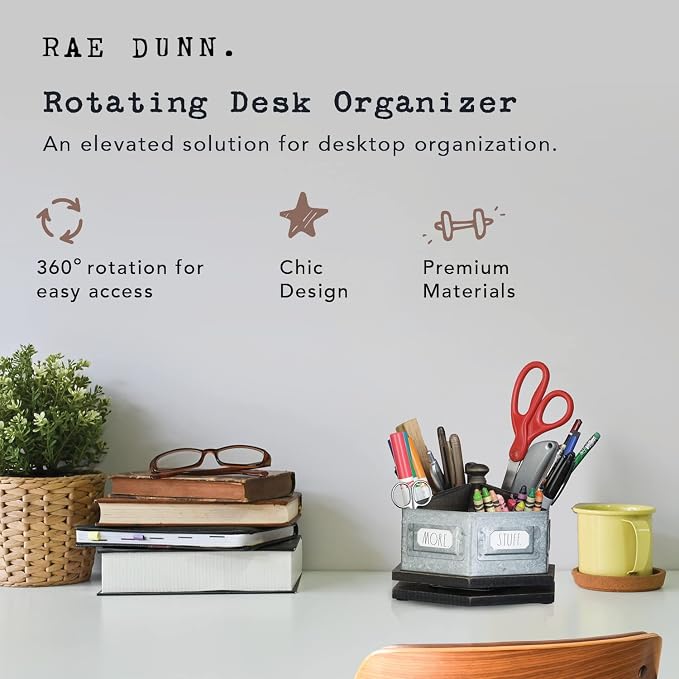 Rae Dunn by Designstyles Rotating Decorative Organizer – Steel Desktop Stationary Spinner Holder - 6 Compartment Table, Dresser and Counter Top Pen and Pencil Cup - Office, Home and Art Supplies