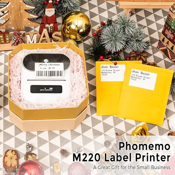 Phomemo M220 Label Maker, Bluetooth Thermal Label Printer, Barcode, Name, Address, Labeling, Mailing, Small Business and More with 1 Roll 40 x 30mm and 1 Rolls 60 x 40mm Label Tapes