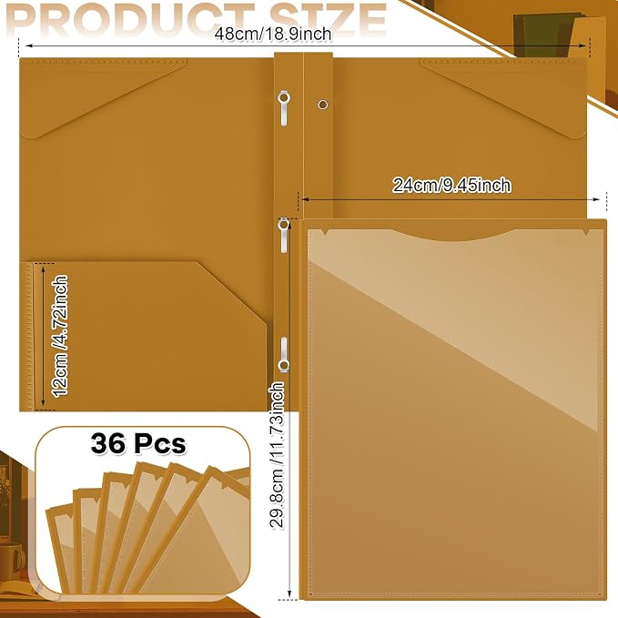 Henoyso 36 Pcs Plastic Folder with Clear Front Pocket and 3 Prong Plastic Folders with Card Slot Pocket Folders with Prongs for School Office (Khaki)